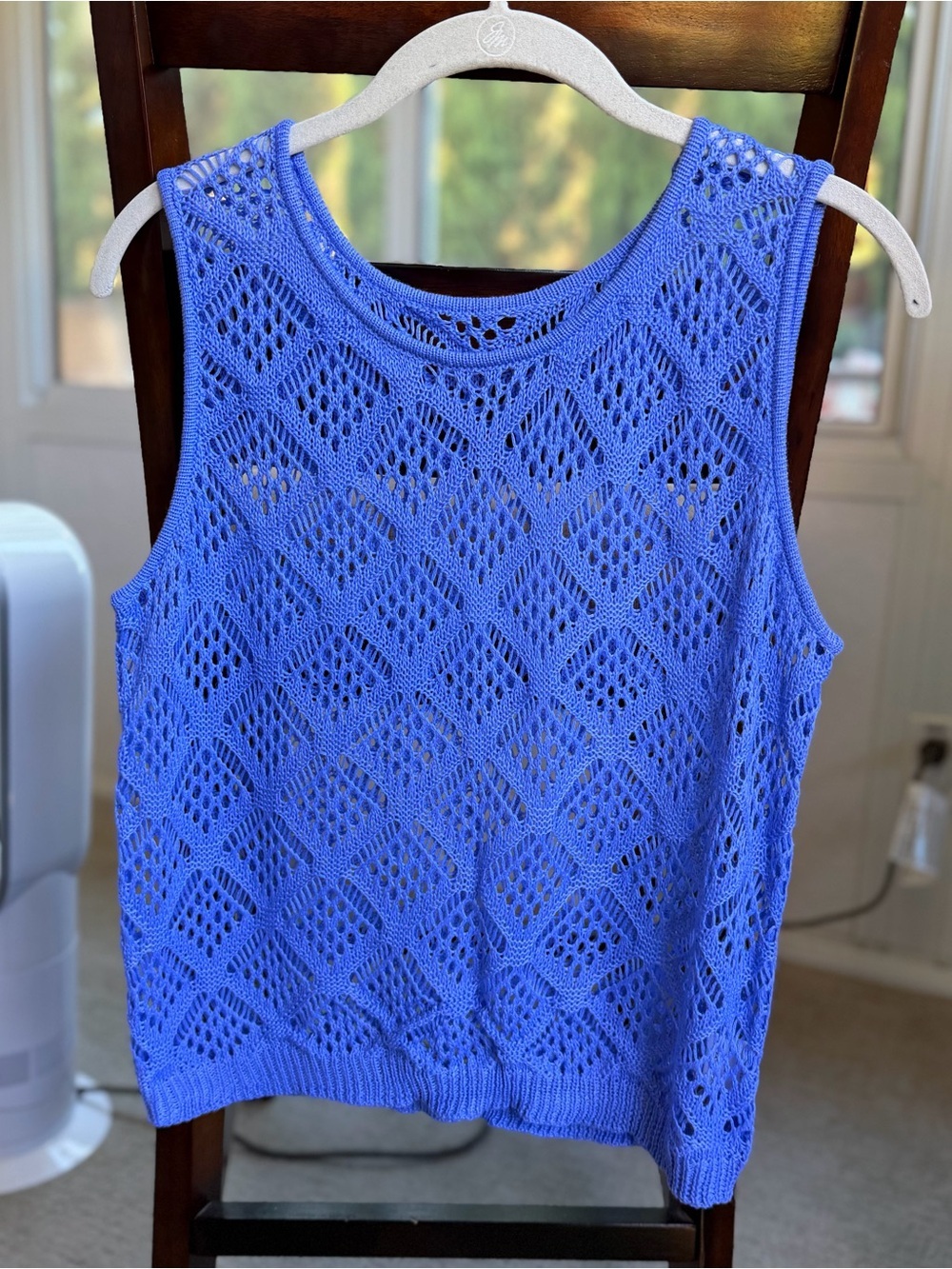 Blue Open Knit Crochet Tank Top XL Beachy Boho Sleeveless Sweater Vest